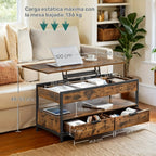 Mesa de Café con Tapa Elevable, Mesa de Sala, con Cajones de Almacenamiento, Compartimentos Ocultos y Estante Abierto