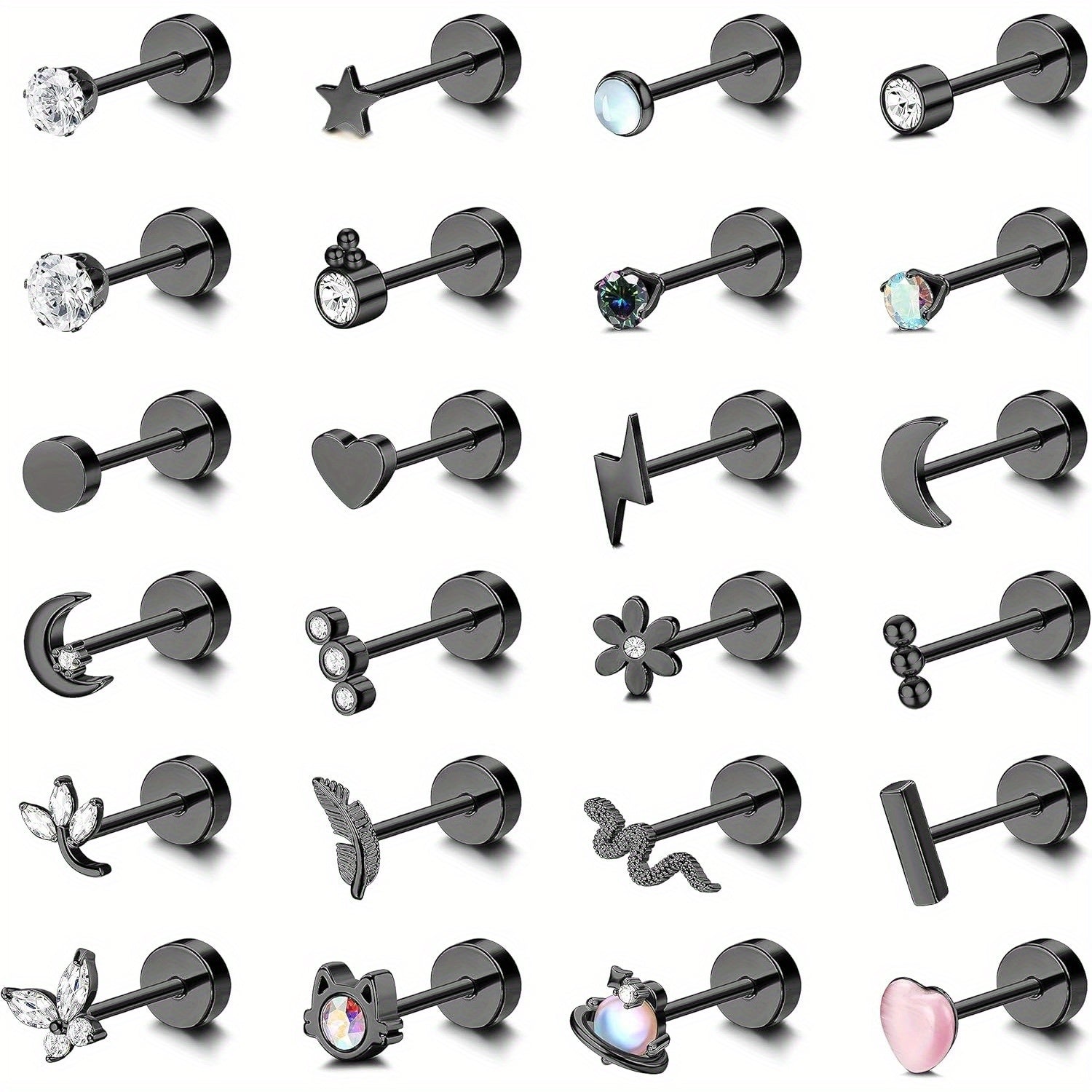 2D Plano - 24pcs Pendientes de Cartílago para Mujer Hombre 20G Acero quirúrgico Plano Dorso Pendientes de Plata CZ para helix Concha Pendientes Pequeños de Dorso Plano Hipoalergénicos