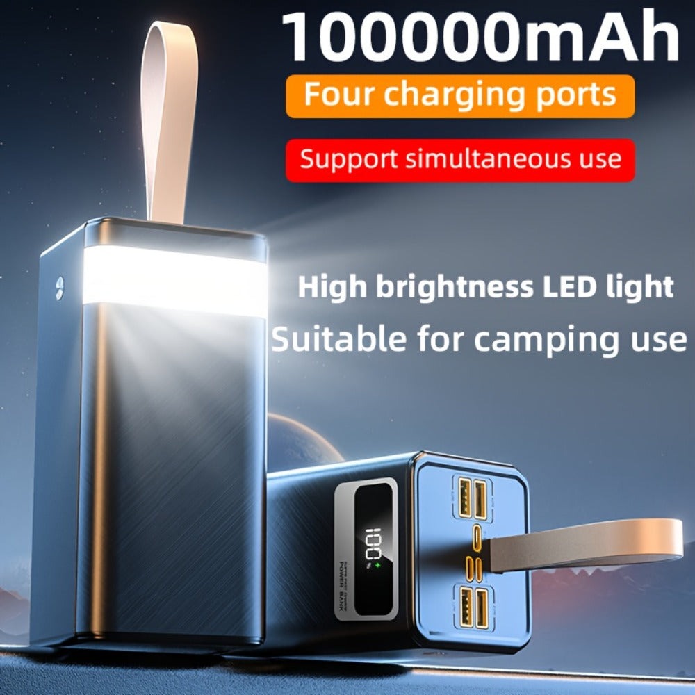 Banco de energía de 100000 mAh, carga súper rápida de 22.5 W, banco de energía de capacidad ultragrand, pantalla digital inteligente, cordón de cuero, luz LED para acampada al aire libre, fuente de alimentación de respaldo para viajes, apto para teléfono,