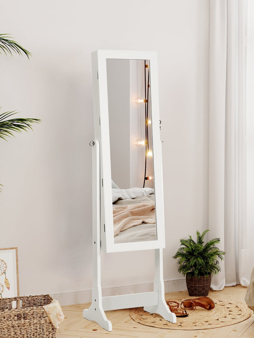 SONGMICS Espejo Joyero 41x151x36.5cm, Armario Joyero, con LED, Armario de Pie con Espejo para Joyas, de Madera, Cerradura, Iluminacin