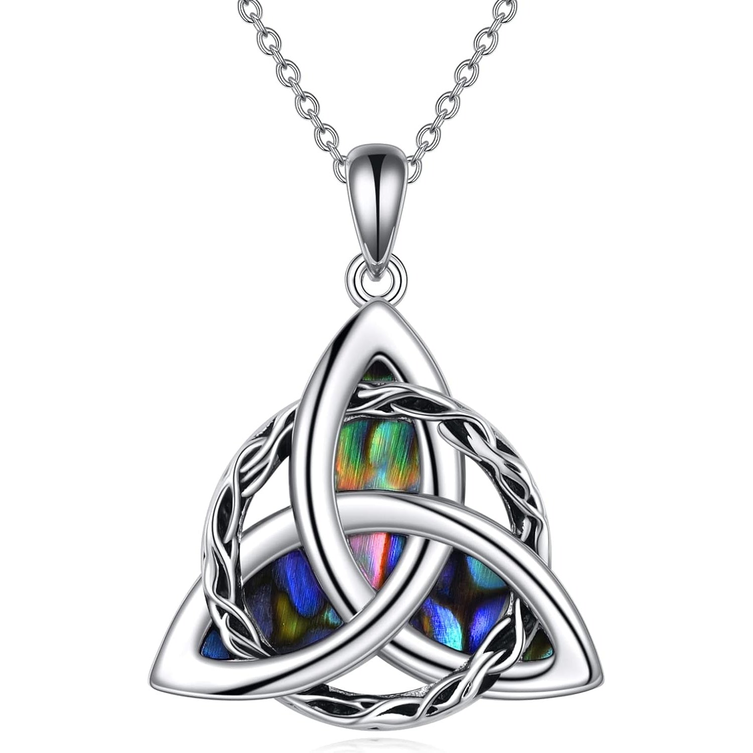 Collar de plata de ley 925 con nudo celta triquetra y concha de abulón, colgante irlandés de la suerte retro, joyería elegante de uso diario para mujer, accesorio de moda clásico