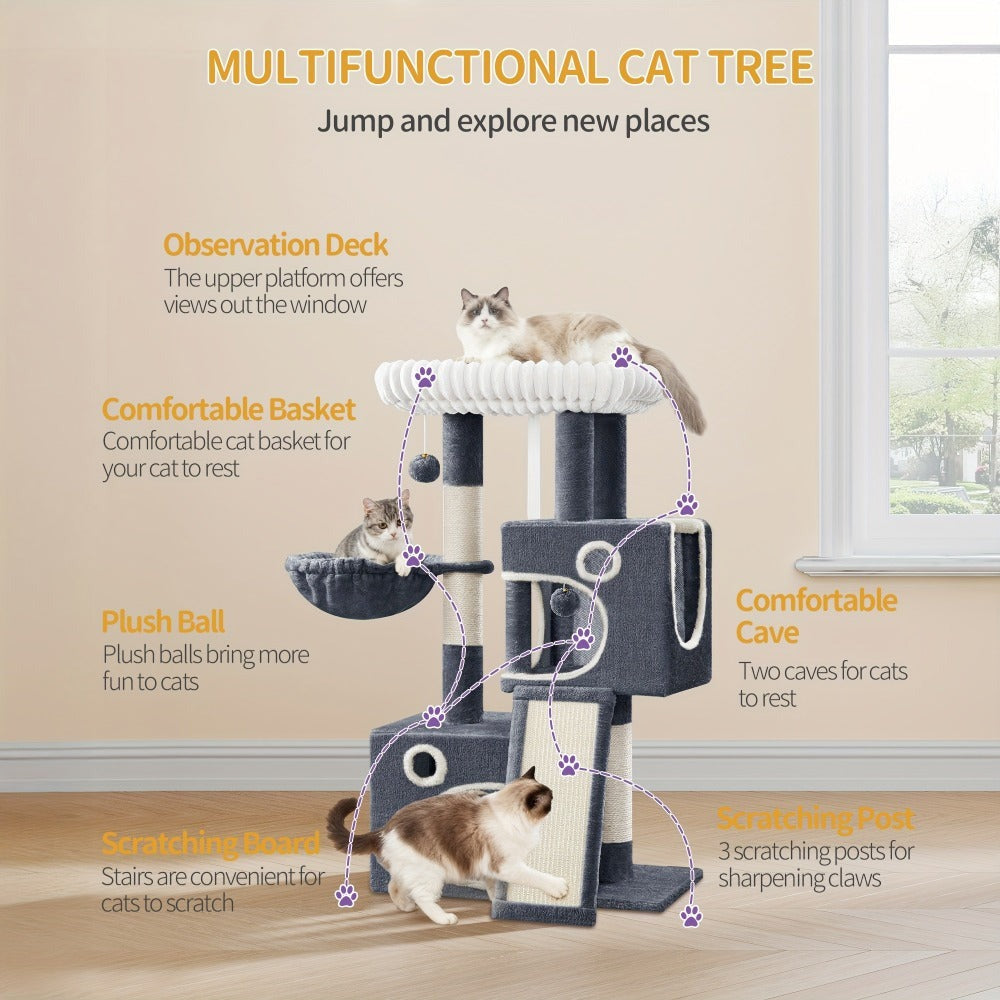 Torre para Gatos Pequeña, 98Cm de Alto, Espaciosa y Robusta, con un Perch Grande Suave, Juguetes de Felpa, Escondites, Postes para Rascar, Alfombrilla para Rascar Gatos, Disponible en Gris Claro/Gris Oscuro/Beige