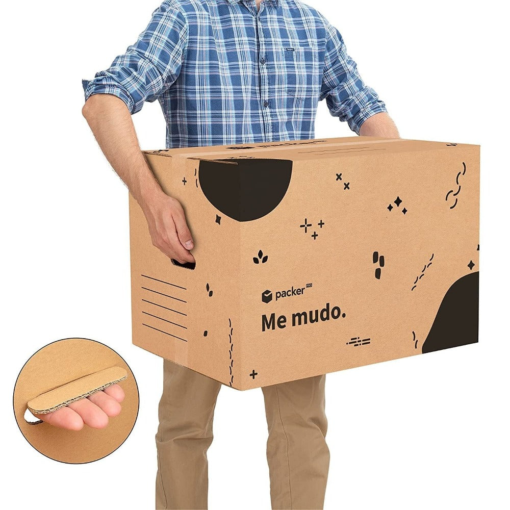 Caja Cartón para Mudanzas y Almacenaje Ultra Resistentes con Asas, Cartón Resistente de Máxima Durabilidad, Tamaño Ideal para Mudanzas y Almacenaje de Libros, Objetos y Ropa, Asas Laterales para Manejo Fácil y Seguro - packer PRO