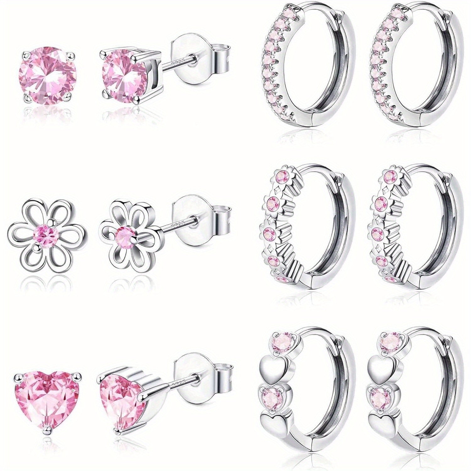 Set de 6 pares de aretes pequeños para mujer, pin de plata 925 hipoalergénico, aretes de cartílago tipo sleeper, aretes de flor, aretes de corazón, aretes de aro, set de aretes rosas, morados y azules para mujer