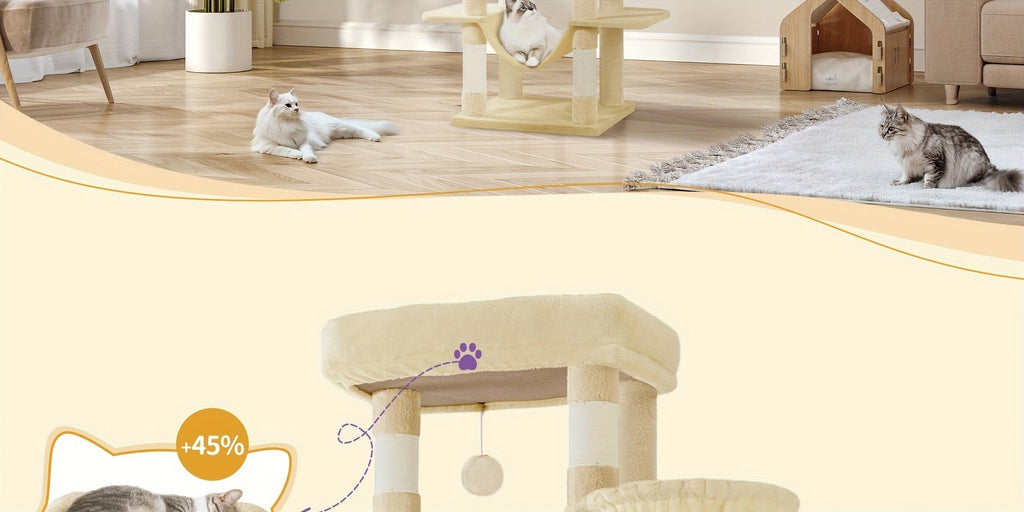 Torre para gatos de interior, 170 cm de alto, casa espaciosa de varios niveles con condominio, 8 postes para rascar, una hamaca y 4 pompones