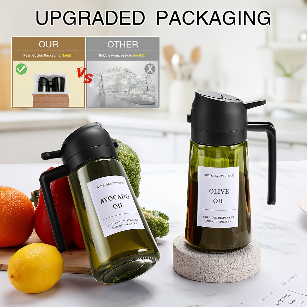 Juego de 2 pulverizadores de aceite de oliva de vidrio, cada uno de 16Oz/470Ml, perfectos para cocinar, utensilios de cocina y complementos para freidoras de aire, incluye botellas dispensadoras para ensaladas y parrillas, en color negro
