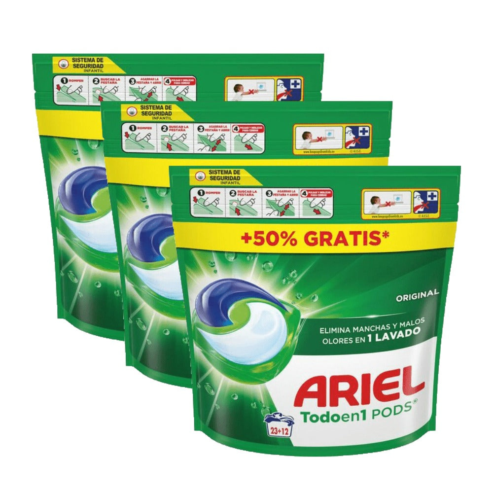 Ariel Original Detergente Cápsulas para Lavadora – Pack Ahorro 3 Paquetes (23+12 Dosis c/u) | 105 Lavados, Pods Eficaces contra Manchas