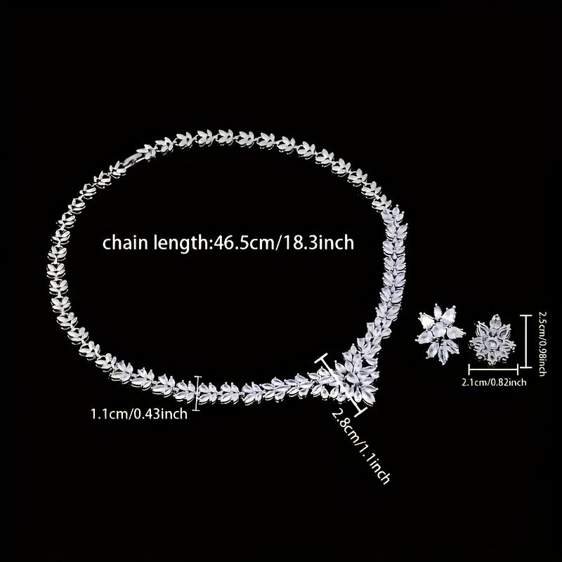 Conjunto de joyería para mujer en plata 925, collar y aretes, juego de dos piezas incrustado con zirconia sintética exquisita en forma de flor, moderno, hermoso, elegante y lujoso, decoración nupcial, regalo de boda para el Día de San Valentín con caja de