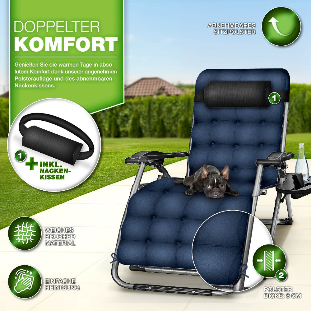 Tillvex® Tumbona Reclinable Plegable hasta 200Kg, Sillón de Sol para Jardín Exterior, Resistente a la Intemperie para Balcón, Jardín y Terraza, Ajustable con Acolchado Grueso, Reclinable, Extra Ancha, con Soporte para Bebidas