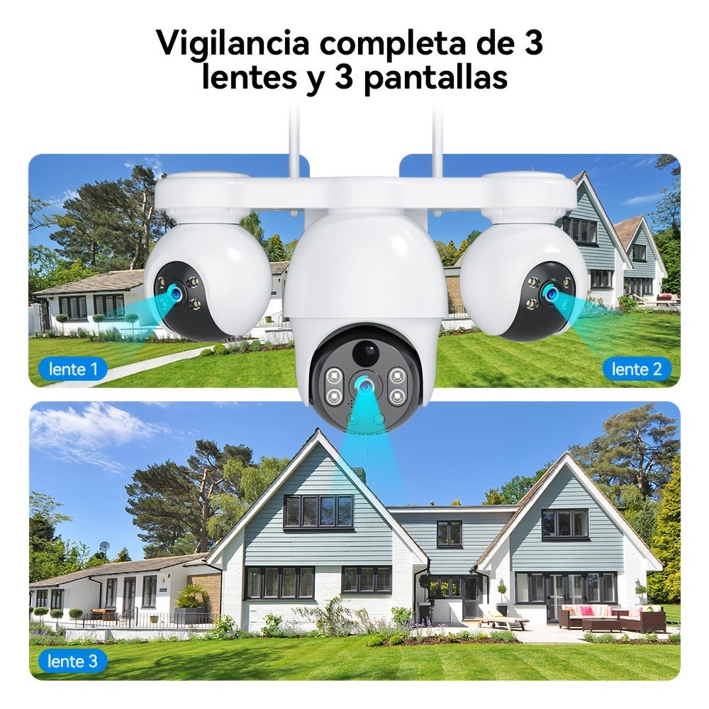 Cámara de seguridad solar para exteriores de tres lentes con rotación panorámica/inclinable PTZ 360°, seguimiento de movimiento humano PIR, visión nocturna a todo color, comunicación bidireccional, notificaciones push de alarma, tarjeta SIM incorporada y