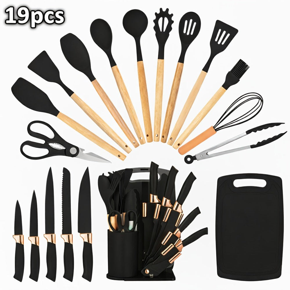 Juego de 19 piezas de accesorios para cuchillos de cocina con soporte de abanico - Artículos de cocina profesional y juego de cocina - Incluye rebanador de chef, cuchilla de carnicero y cortadores de pan - Electrodomésticos y accesorios de cocina elegante