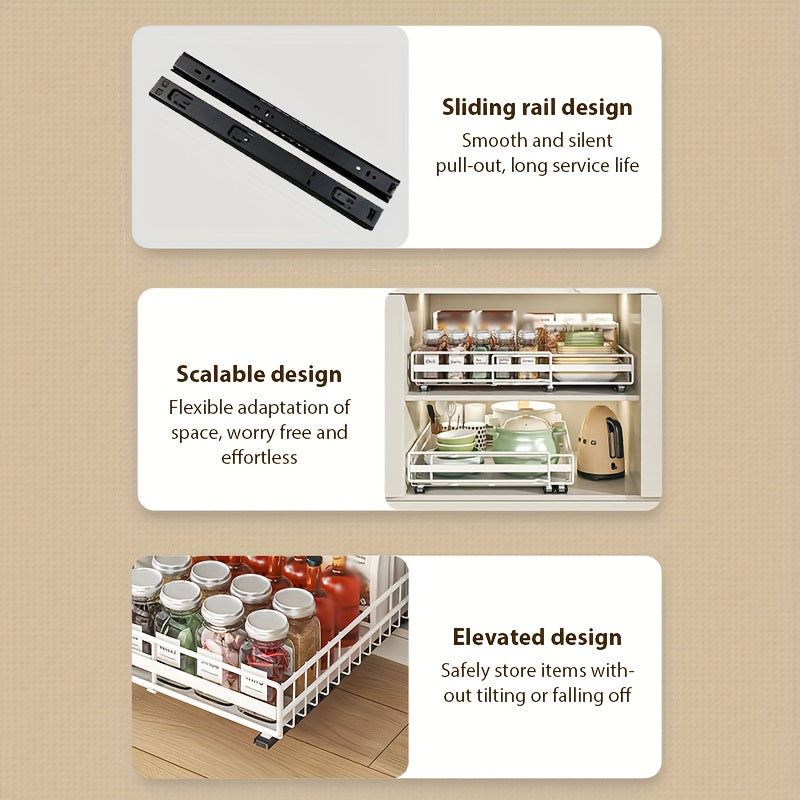Organizador de gabinete extraíble ajustable de 2 piezas/1 pieza, 3 rieles deslizantes, cajones extraíbles, fácil instalación, ancho ajustable, apto para fregaderos, gabinetes, despensa, baño, ideal para almacenamiento de cocina, organización de cocina