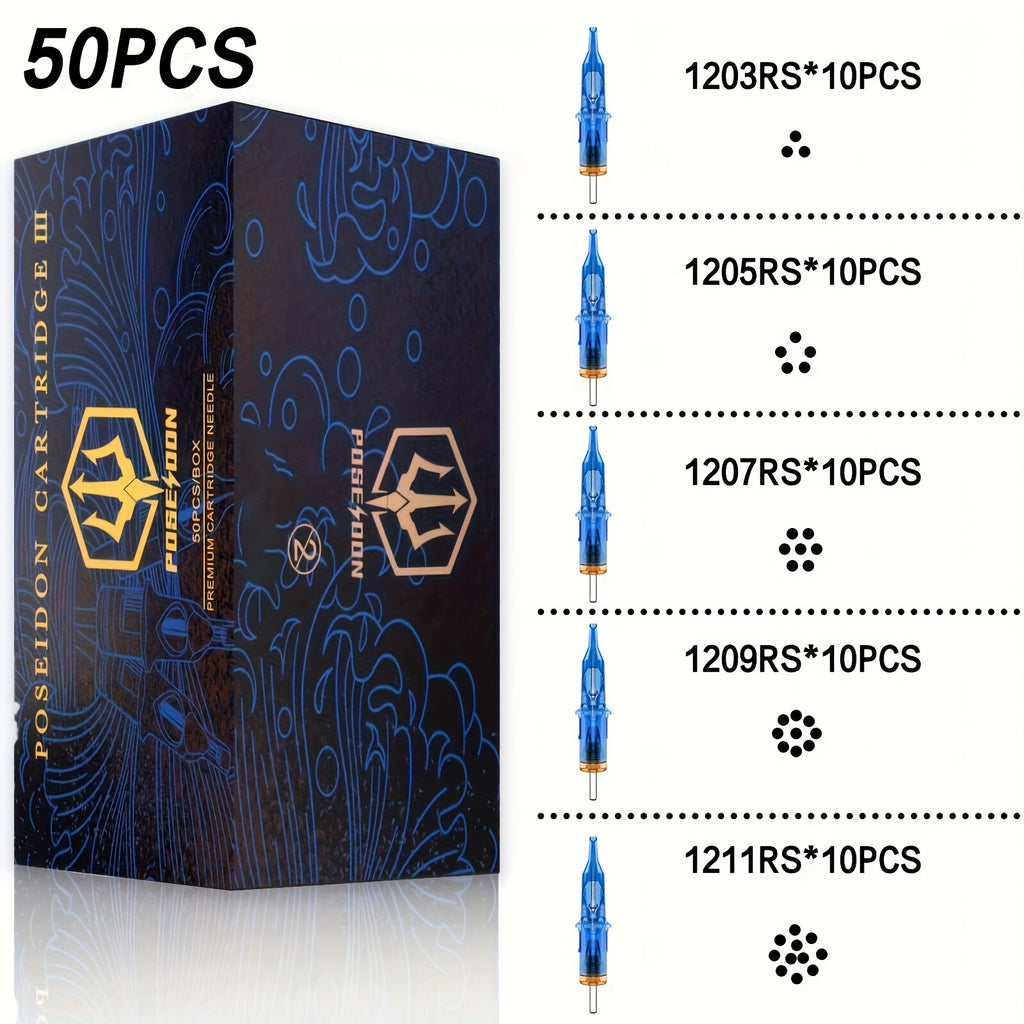 Agujas de Cartucho para Tatuaje POSEIDON V3 50pcs Tamaño Mixto, Agujas Estériles con Cartuchos de Seguridad con Membrana - 1203Rl, 1205RL, 1207RL, 1209RL, 1207RM, 1209RM, 1205RS, 1207RS, 1209RS, 1207M1