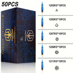 Agujas de Cartucho para Tatuaje POSEIDON V3 50pcs Tamaño Mixto, Agujas Estériles con Cartuchos de Seguridad con Membrana - 1203Rl, 1205RL, 1207RL, 1209RL, 1207RM, 1209RM, 1205RS, 1207RS, 1209RS, 1207M1