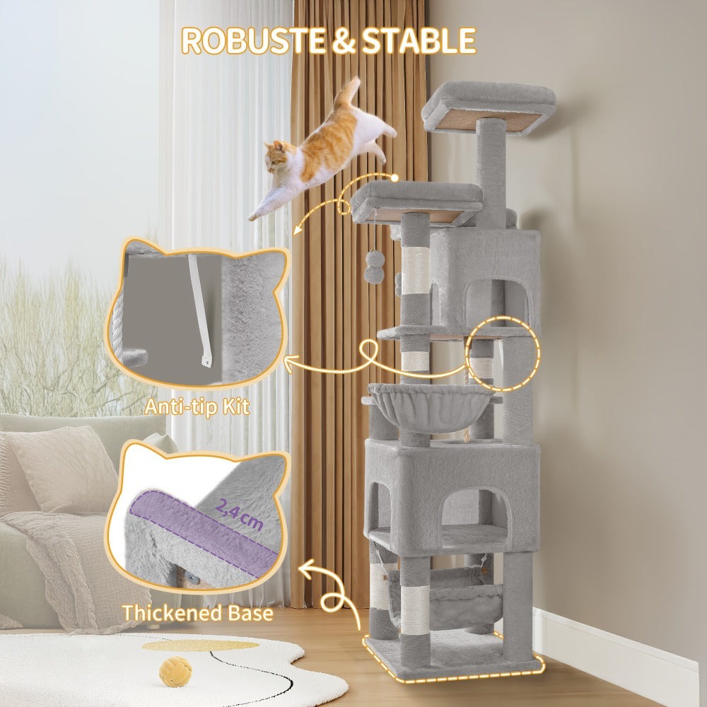 Árbol para Gatos, 176cm, Tamaño XL con 3 Plataformas, 2 Cuevas, 7 Postes Rascadores, Hamaca y Pelota de Felpa – Ideal para Familias de Gatos en Gris Claro/Gris Oscuro Beige, Torre de Escalada para Mascotas, Enriquecimiento Felino, Árbol Ahorra Espacio, Mu