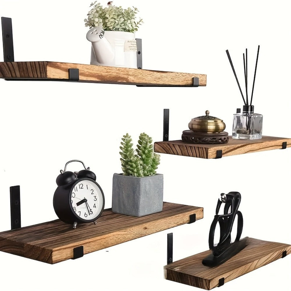 Un juego de cuatro estantes de pared rústicos de madera marrones, ideales para almacenamiento flotante en la cocina, el dormitorio y la sala de estar, estantes flotantes