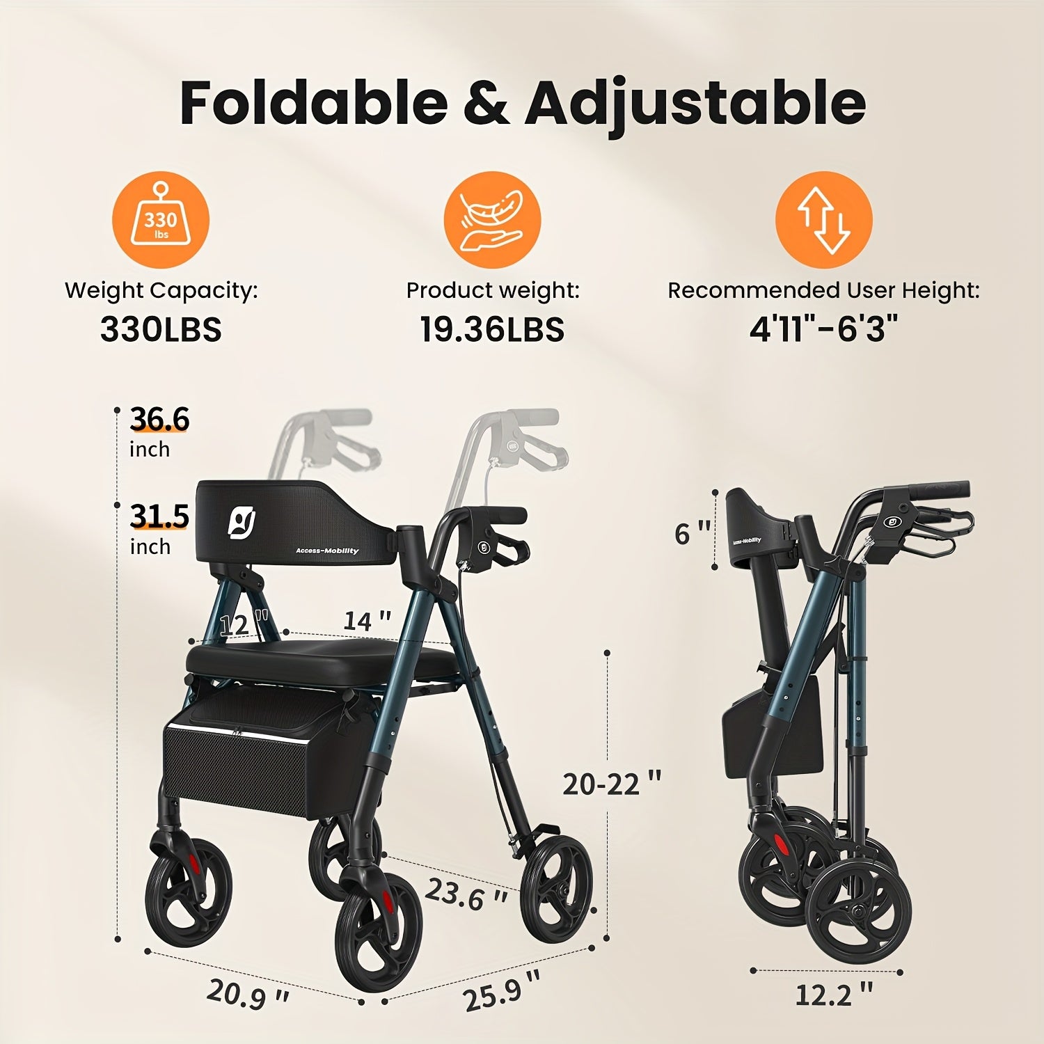 Andador rollator plegable con asiento 136.08 kg 20.32 cm | Movilidad, paseo y apoyo diario