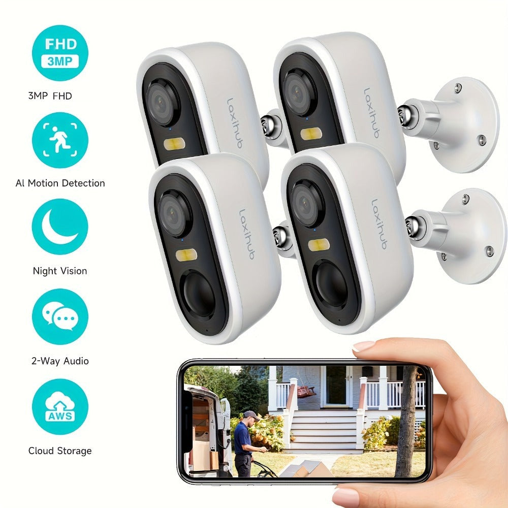 4pcs Cámara de Seguridad LaxiHub Inalámbrica para Exteriores, Resolución 1296P, Batería de 5200mAh, Almacenamiento en Nube/SD, Detección AI de Movimiento, Visión Nocturna a Color, Audio Bidireccional, Sin Tarjeta SD