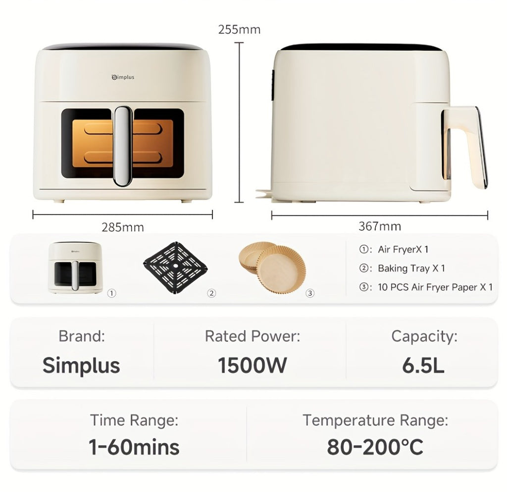 La freidora de aire Simplus tiene una amplia capacidad de 6.5L, adecuada para 5 a 8 personas. Es compacta para un fácil almacenamiento y cuenta con una ventana de cocción visual junto con una pantalla táctil LCD holográfica completa para un uso sencillo.