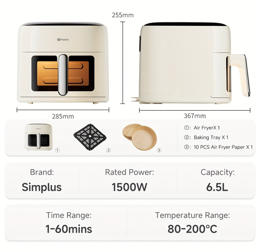 La freidora de aire Simplus tiene una amplia capacidad de 6.5L, adecuada para 5 a 8 personas. Es compacta para un fácil almacenamiento y cuenta con una ventana de cocción visual junto con una pantalla táctil LCD holográfica completa para un uso sencillo.