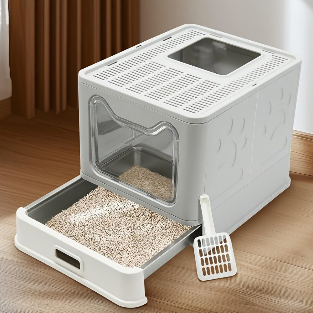 Arenero para gatos de acero inoxidable con entrada frontal y salida superior, diseñado para facilitar la limpieza, ideal para gatos y otras mascotas