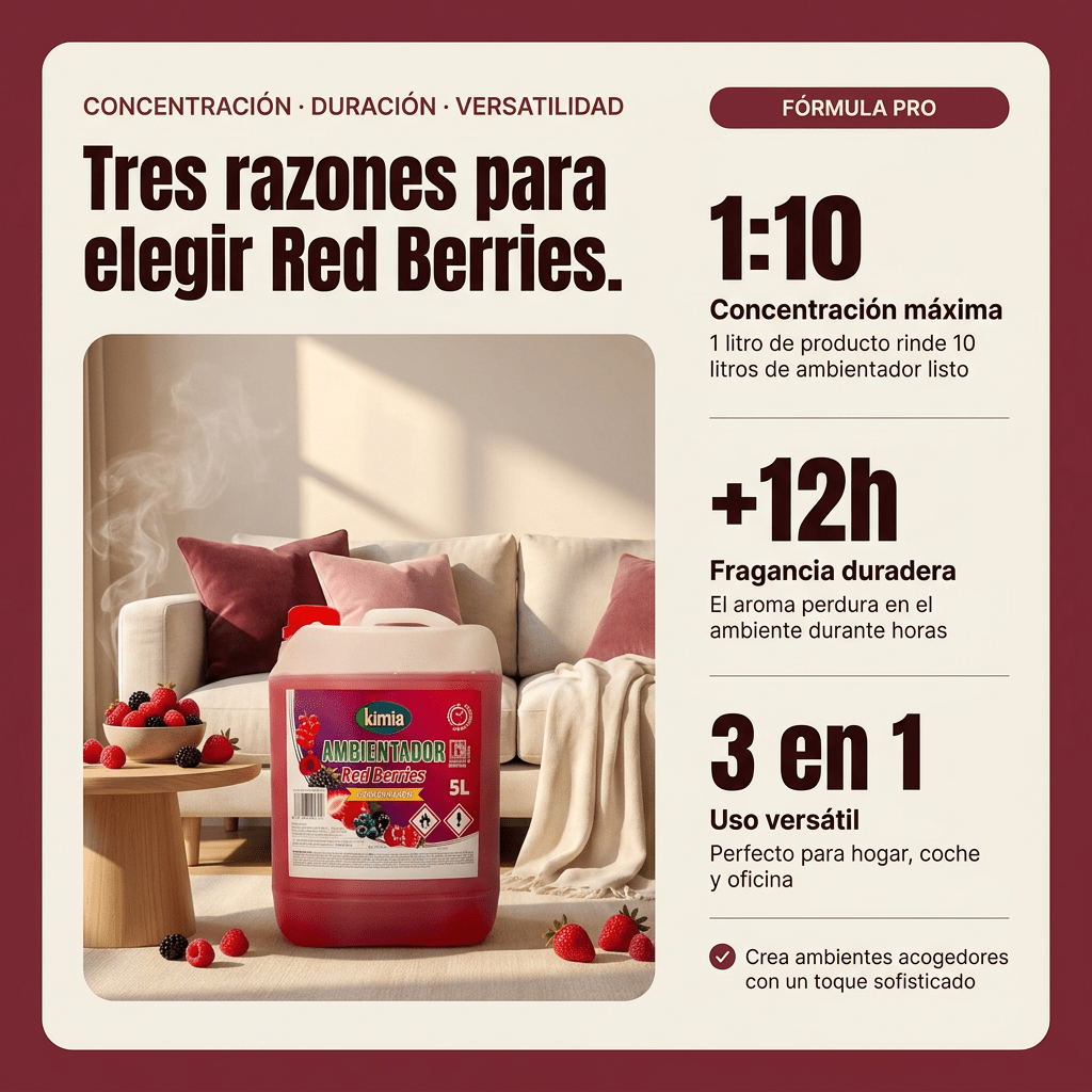 KIMIA - Ambientador de Hogar Red Berries 5L | Perfumador Cocentrado con Fragancia Duradera a Frutos Rojos | Para Cualquier Estancia de Casa, Coche y Oficina | Fórmula Concentrada | Ambiente Fresco y Perfumado