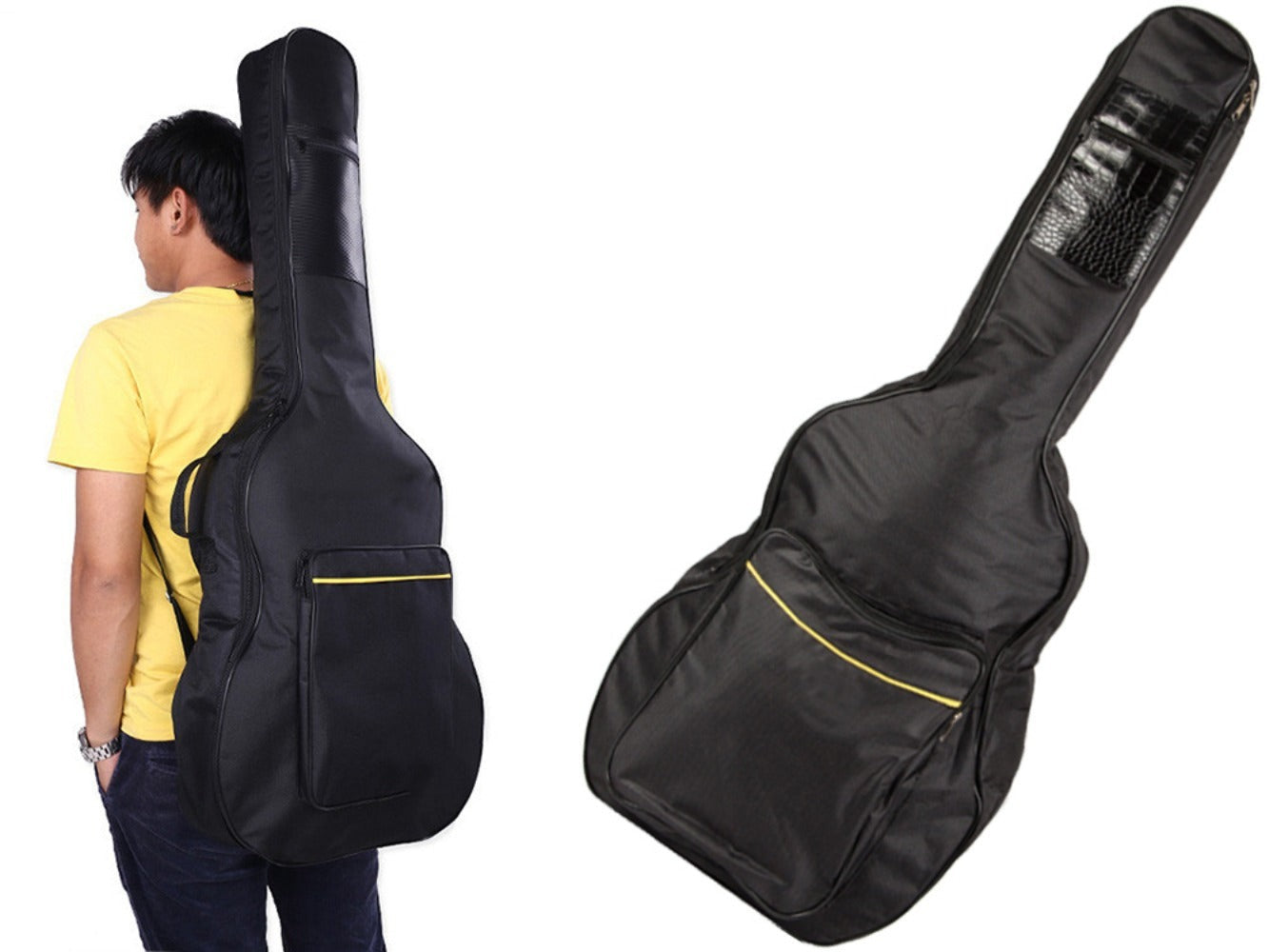 Funda Clásica para Guitarra Acústica, Estuche Rígido Negro con Bolsillos, Correas Ajustables y Asa para Transporte, Material Sólido Grueso Protector Resistente a las Condiciones Climáticas, Estuche con Bolsillo Adicional para Partituras A4 y Bolsillo para