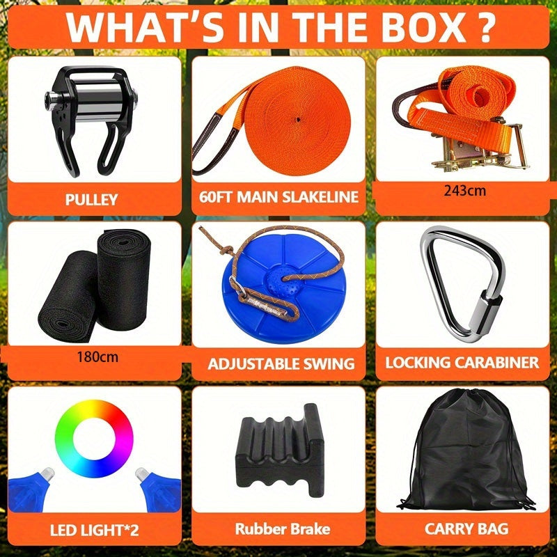 Colección de 9 piezas para ziplining en el patio trasero, que incluye un kit de tobogán de zipline para exteriores, una polea estrecha con un gancho triangular, un juego de cintas planas anaranjadas estrechas, un columpio azul de ABS, una bolsa de almacen