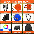 Colección de 9 piezas para ziplining en el patio trasero, que incluye un kit de tobogán de zipline para exteriores, una polea estrecha con un gancho triangular, un juego de cintas planas anaranjadas estrechas, un columpio azul de ABS, una bolsa de almacen