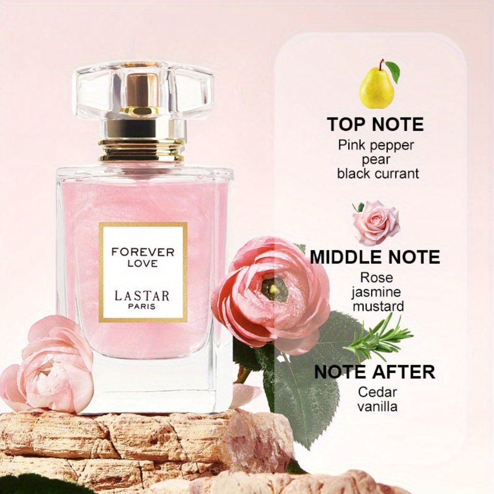 LASTAR Paris Forever Love Perfume 1.86Oz, Aroma Floral Romántico con Rosa, Jazmín, Vainilla y Pachulí, Fragancia Suave y Fresca, Larga Duración, Elegante Botella de Vidrio Rosa con Tapa Dorada, Regalo de Festival para Unisex