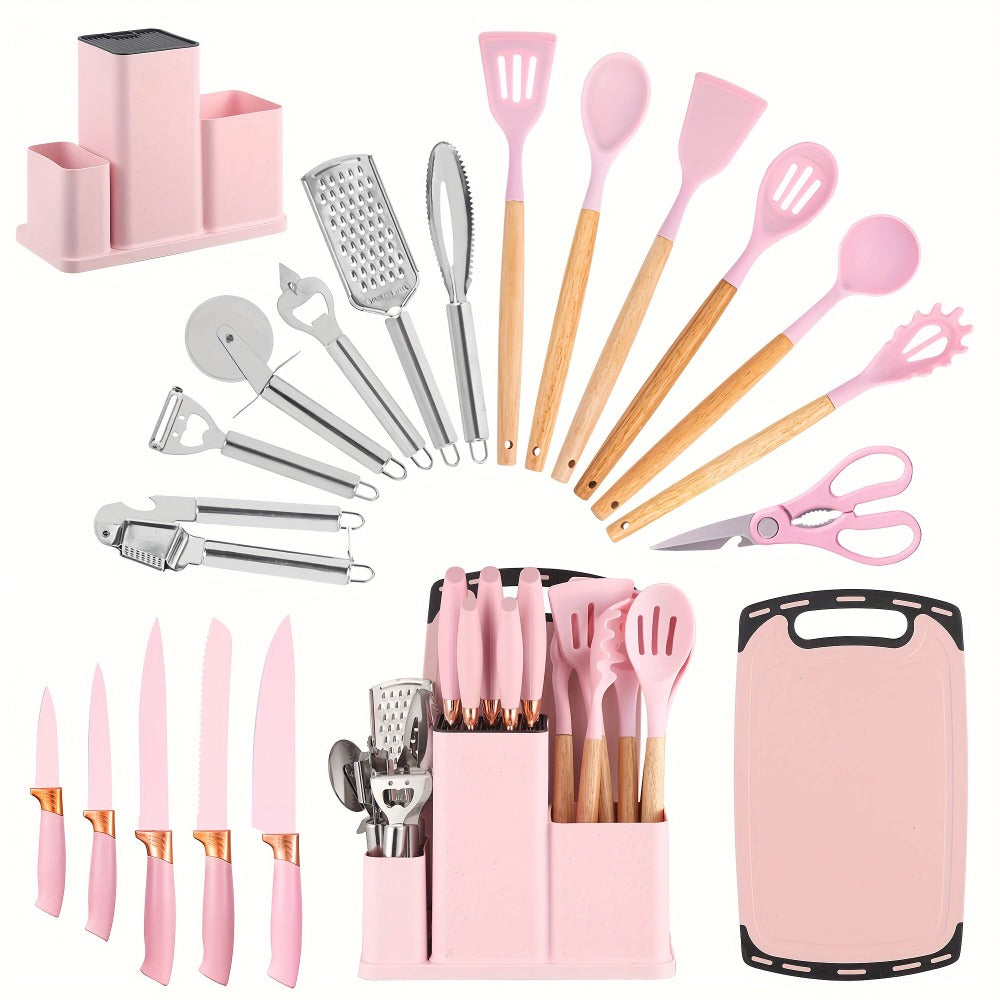 Colección de 20 piezas de cuchillos profesionales con soporte. Cuchillo de chef, cuchillo de carnicero, cuchillo para pan, cuchillo para rebanar, cuchillo deshuesador y utensilios de cocina completos. Construcción de espiga completa con mangos antidesliza