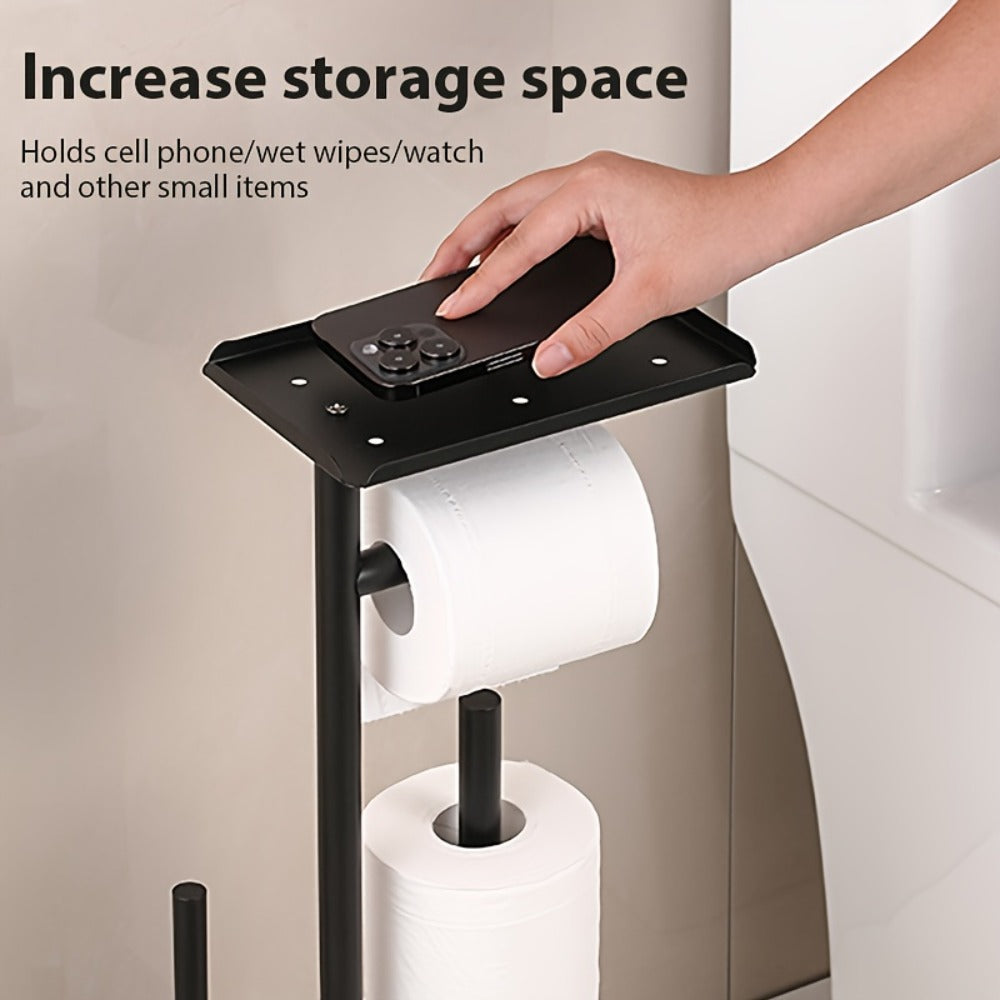 Un soporte independiente para papel higiénico con almacenamiento, un organizador de baño autoadhesivo de hierro forjado, diseñado para ahorrar espacio, con una estética minimalista moderna y un extremo metálico liso, perfecto para decorar salas de estar o