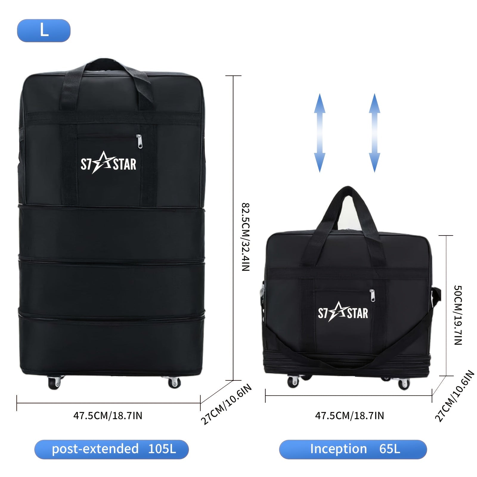Bolsas de Viaje Extensibles de 4 Tamaños (50/70/100/150L): 3 Capas Ajustables, Ruedas con Rodillo, Plegables para Fácil Almacenamiento. Equilibran Flexibilidad y Portabilidad para Cualquier Viaje