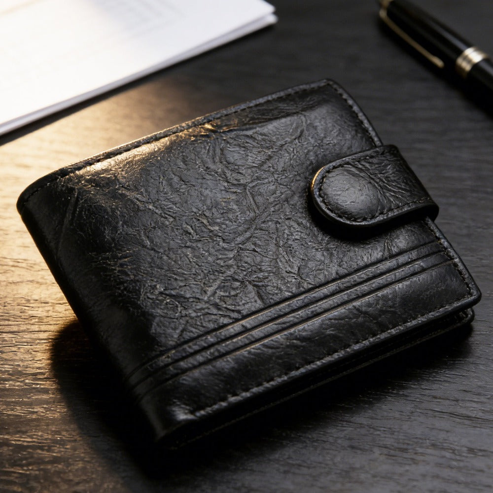Cartera corta de cuero desgastado retro elegante para hombre – Monedero con cierre a presión y ventana para identificación para desplazamientos diarios, reuniones de negocios y salidas informales