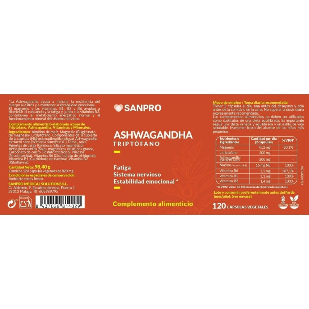 Ashwagandha + Triptófano Complex 7 en 1 | 120 Cápsulas Veganas | Magnesio, Vitaminas B1, B2, B3 y B6 | Fabricado en España y con Calidad Certificada | San Pro