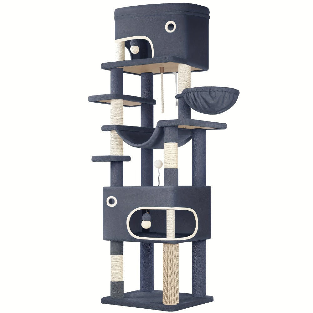 Árbol para Gatos, 203 cm con Plataforma Grande, Cueva Doble, 7 Postes Rascadores Pomponas Reposadería Hamaca Adecuado Para Todo TipodeGato Gris Claro/grisescuro Beige
