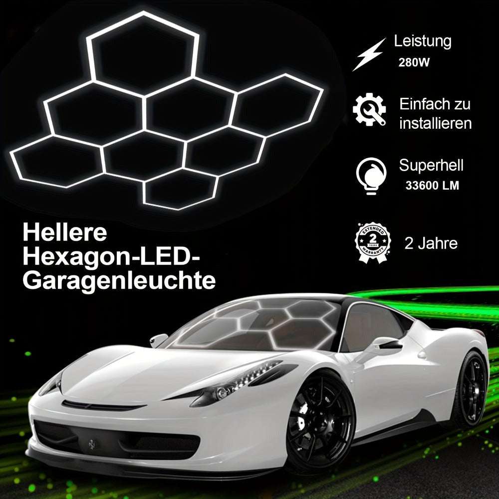 Paquete de 5/8 Lámparas de Techo LED Hexagonales - 280W 33600LM Ultra Brillantes Blanco Frío 6500K, Iluminación Exterior Moderna para Garaje, Taller, Estudio, Tienda de Detallado Automotriz - Duración Estimada, Fácil Instalación, Montaje