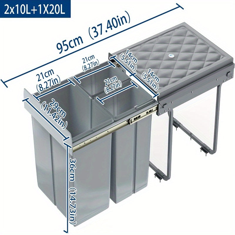 Cubo de Basura Empotrado Debajo del Gabinete, Contenedor de Residuos de Cocina, Recogedor de Basura Extensible, Sistema de Separación de Residuos con Rieles Telescópicos, Gris
