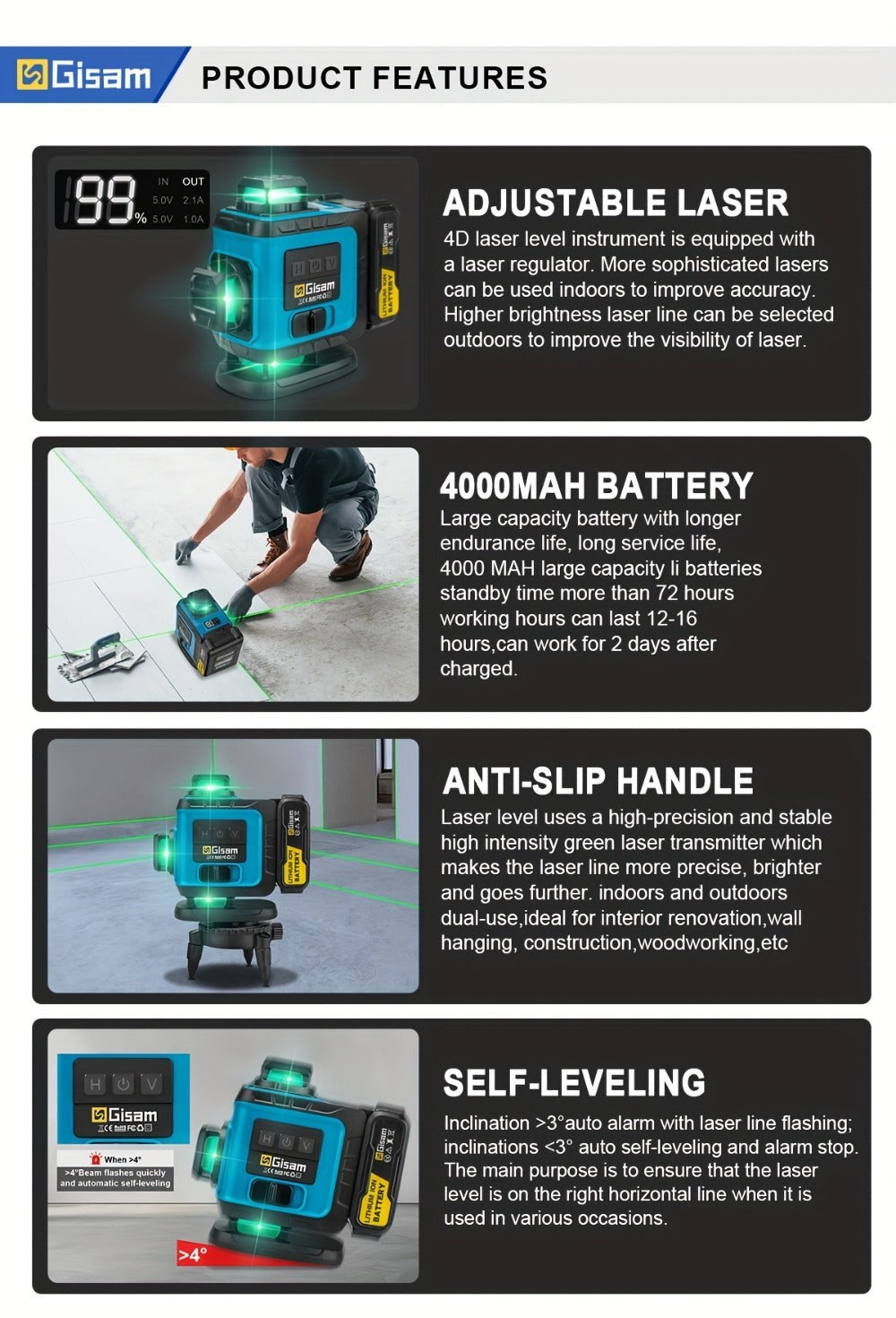 Nivel láser láser verde 4D multifuncional Gisam de 16 líneas con trípode y control por aplicación, autonivelante 360° con líneas cruzadas horizontales y verticales, alimentado por USB y batería, incluye estuche de transporte, haz superpotente, diseño port
