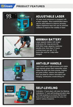 Nivel láser láser verde 4D multifuncional Gisam de 16 líneas con trípode y control por aplicación, autonivelante 360° con líneas cruzadas horizontales y verticales, alimentado por USB y batería, incluye estuche de transporte, haz superpotente, diseño port