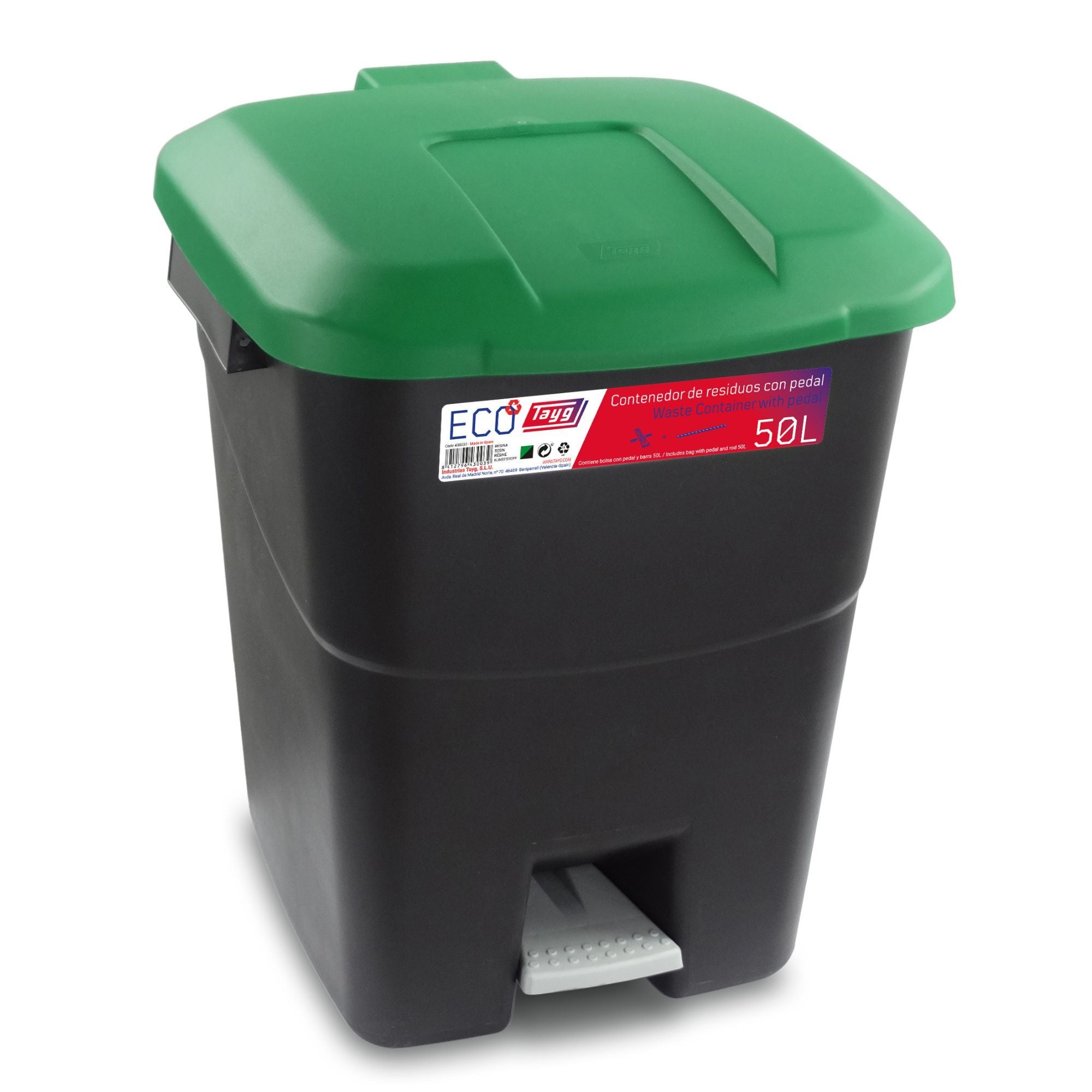 Tayg Cubo de Basura Con Pedal 50 L, Varios Colores – Cubo de Basura Resistente, Facil Limpieza, Capacidad Amplia, Uso de Contenedor para Basura Cocina o Exteriores. 400 x 430 x 509 mm.