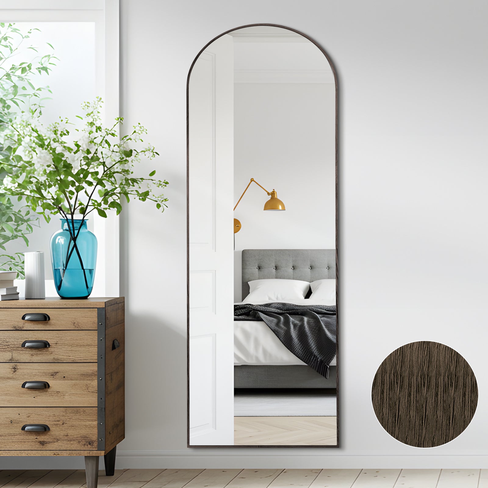 Melodieux Espejo arqueado de 161 X 52 cm con aspecto de madera de nogal y marco de aluminio, espejo de maquillaje de longitud completa independiente para colgar o montar en la pared para el baño