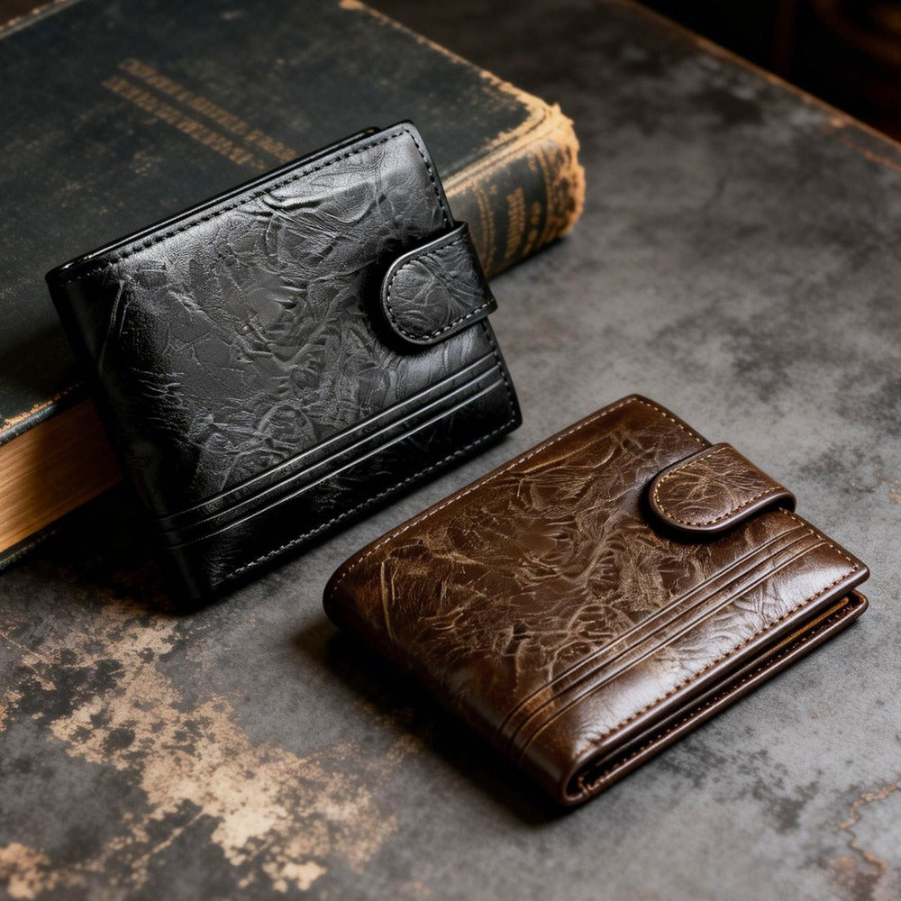 Cartera corta de cuero desgastado retro elegante para hombre – Monedero con cierre a presión y ventana para identificación para desplazamientos diarios, reuniones de negocios y salidas informales