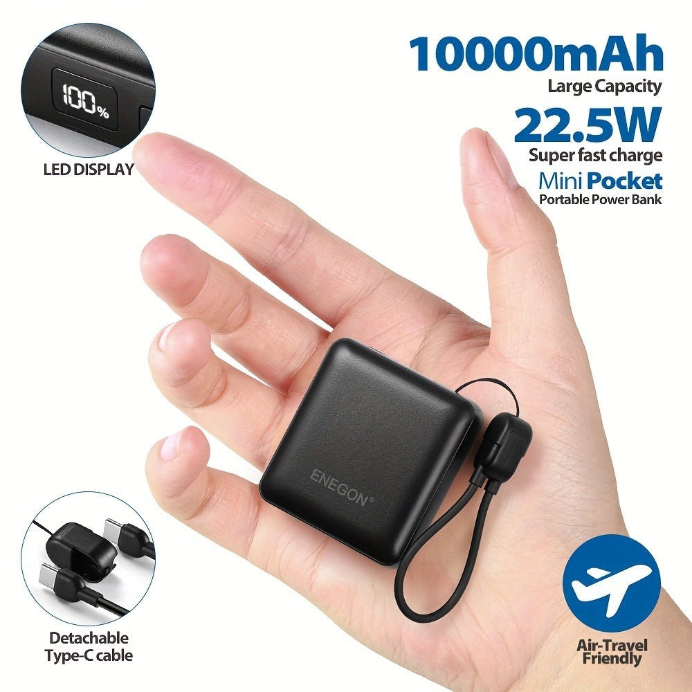 Banco de energía mini ultracompacto de 22.5W y 10000mAh con cable USB-C incorporado, cargador portátil con pantalla digital LED, paquete de batería de carga rápida para iPhone 16/15/14/13 Pro/Samsung/teléfono Android, batería externa de respaldo de tamaño