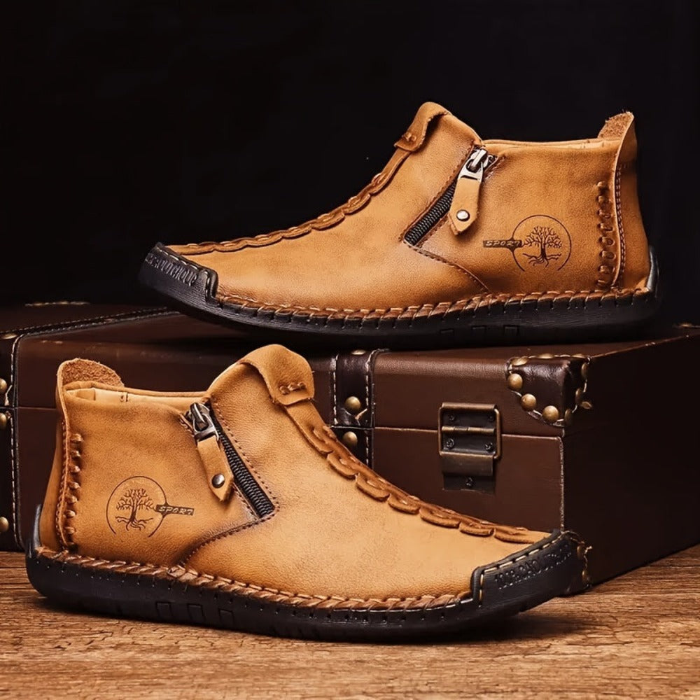 Botas de hombre con cremallera de costura, estilo vintage, suela de goma, zapatos de exterior tipo mocasín