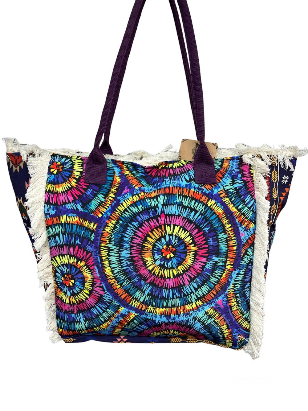 MEJORADA Bolso de playa grande con estampado bohemio, ideal para verano, con flecos de algodón, forro interior y bolsillos, 55×37×19 CM, tejido 100% poliéster