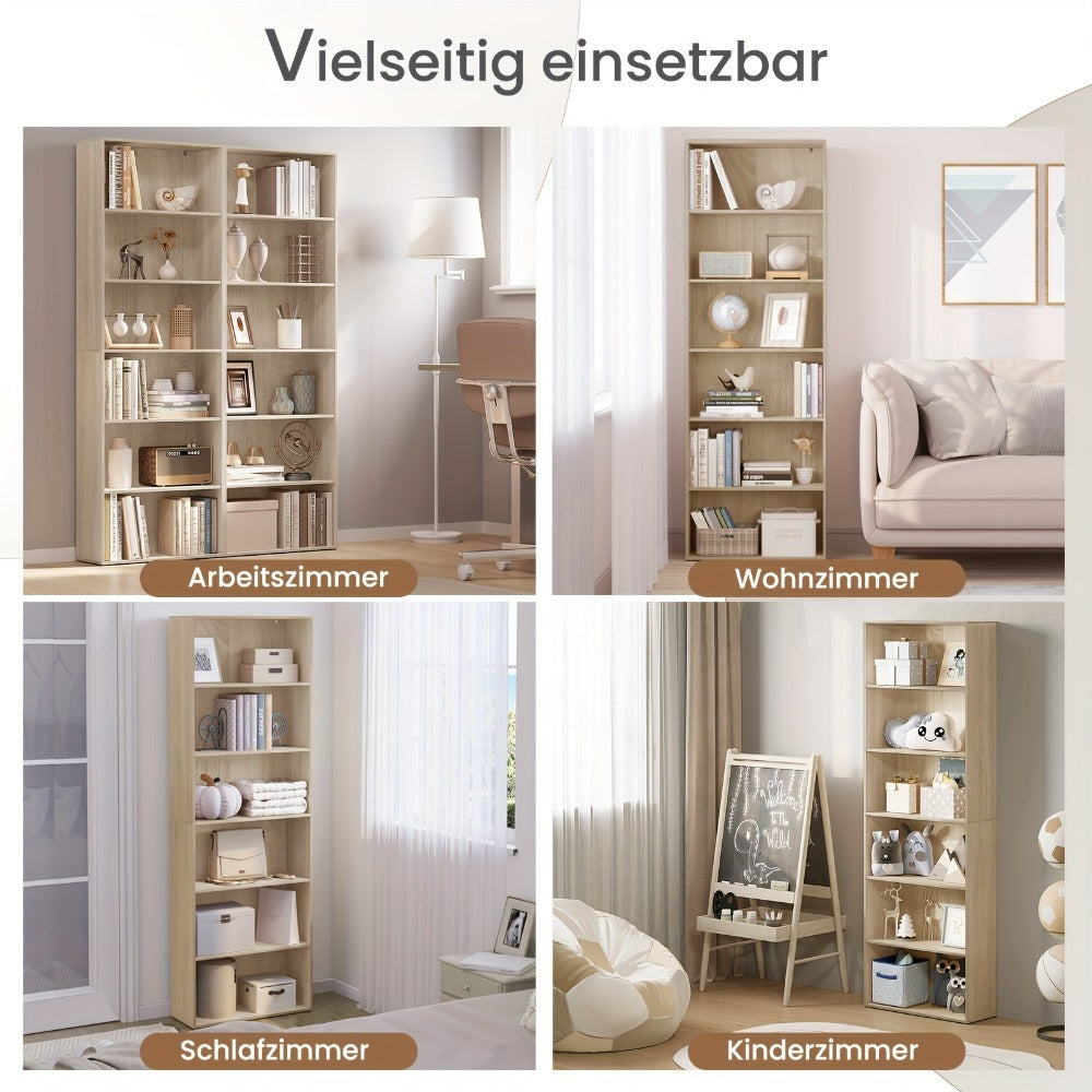 Estantería Ajustable de 6 Niveles | Estante de Almacenamiento Independiente Abierto, Estante de Partición, Adecuado para Oficina y Estudio, Roble Claro y Blanco, Dimensiones: 60x180x23.5 cm, Independiente, Requiere Montaje