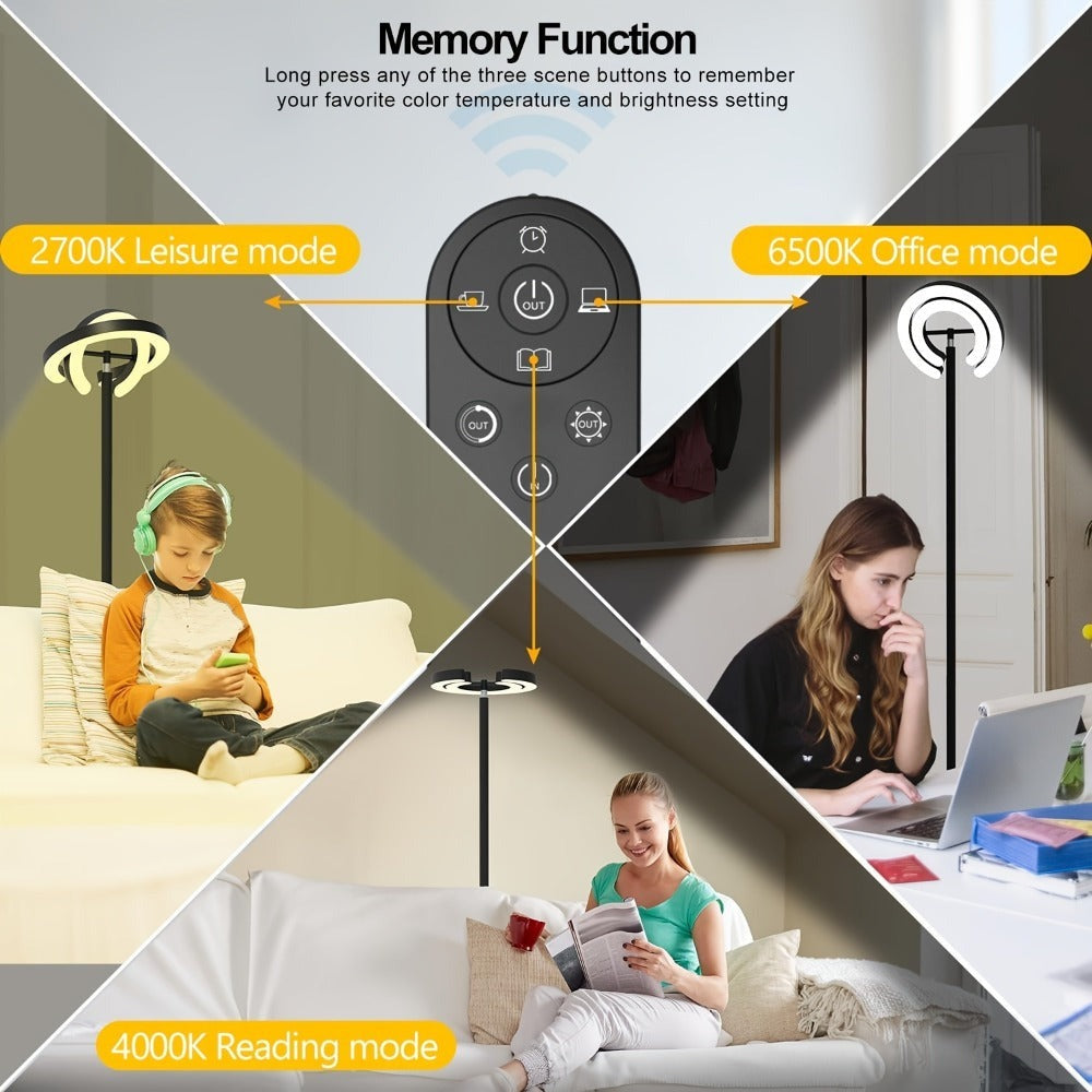 Lámpara de pie para sala de estar, 36 W LED con control remoto, doble anillo giratorio de 312°, luz ajustable de 1900 K a 6500 K, 3 modos de iluminación, adecuada para lámparas de pie modernas en dormitorios, oficinas y hoteles, 192 cm, negro