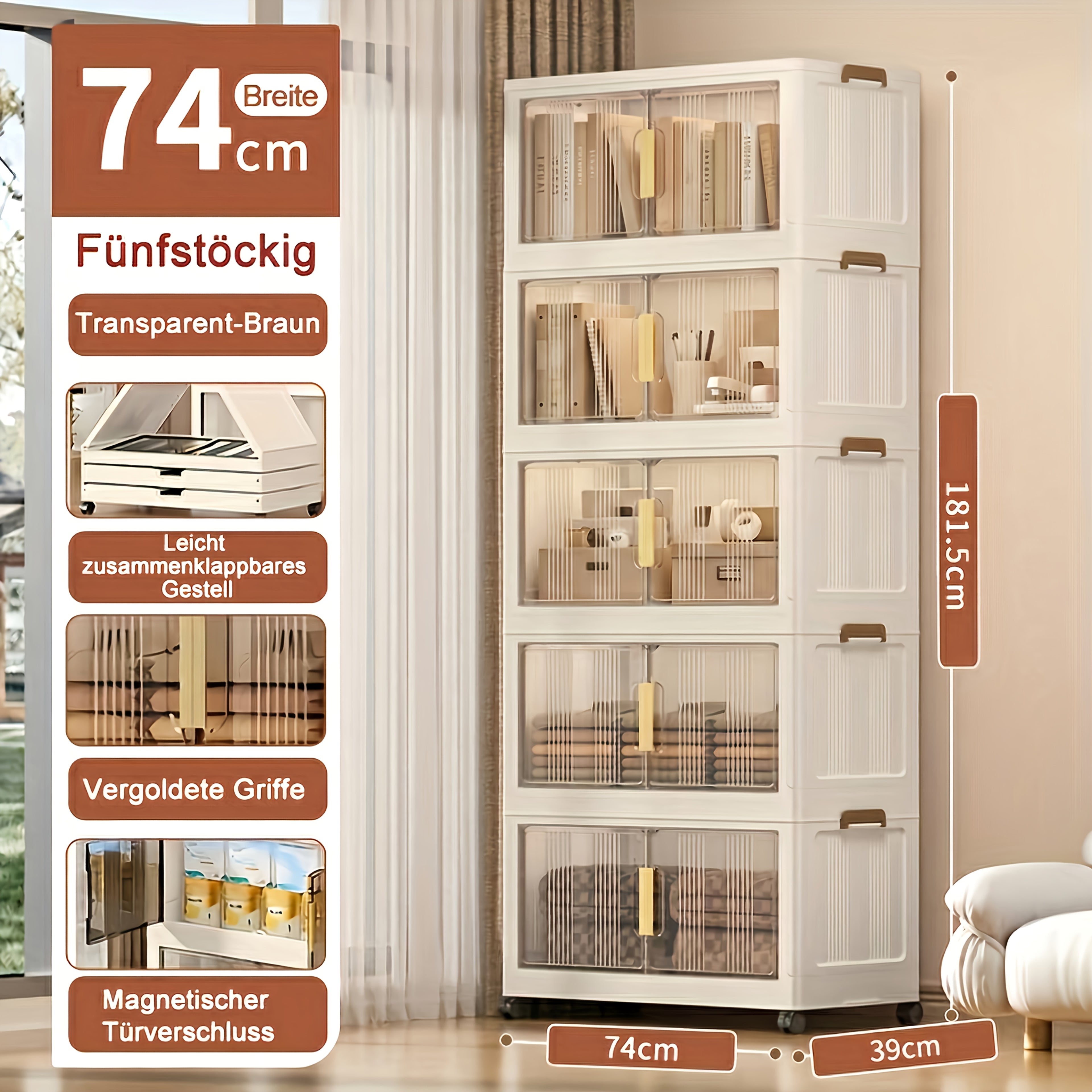 Armario de almacenamiento plegable extragrande de 74 cm con ruedas, puertas magnéticas y paneles transparentes, unidad organizadora de plástico apilable para dormitorio, sala de estar, oficina, despensa y documentos