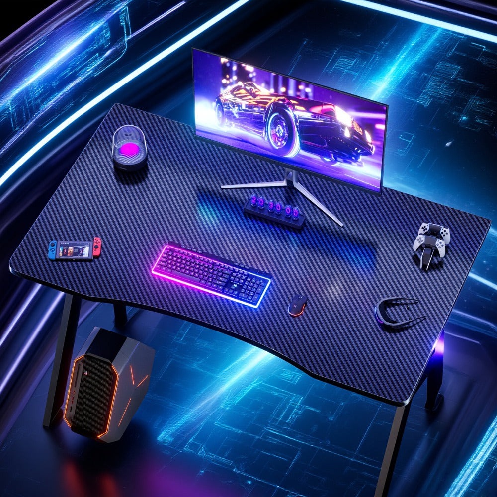 Escritorio Gaming en Forma de A de 101.6 cm, Escritorio de Fibra de Carbono y Diseño Ergonómico, Escritorios de Oficina con Almohadillas para los Pies, para Dormitorio en Casa, Negro